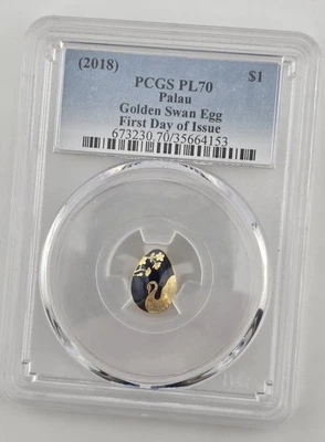 PCGS PL70 FIRST DAY OF ISSUE 2018 PALAU $1 GOLDEN SWAN EGG .5 GRAM GOLD - Image 1 of 4