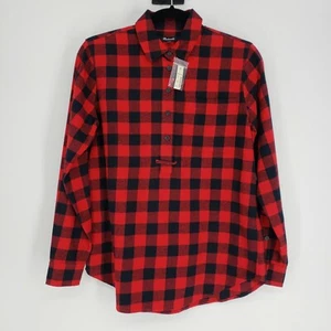 Madewell Women’s Size XS Popover Flannel Top Red Black Buffalo Plaid 1/2 Button - Picture 1 of 11