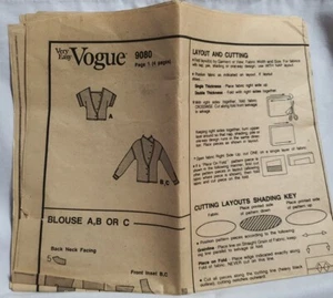 Instruction Pages for Vogue 9080 Very Easy Misses' Blouse +Inset c1980s Sz8-12 - Picture 1 of 3