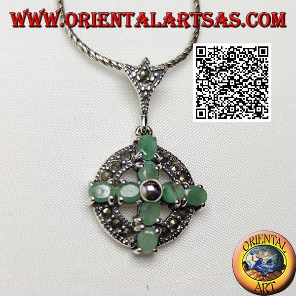 Ciondolo in argento 925‰ croce di 8 smeraldi naturali ovali su cerchio di marcas - Immagine 1 di 1