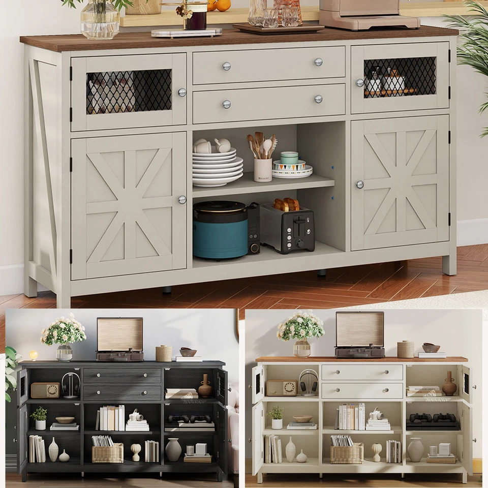 Farmhouse Coffee Bar Cabinet Sideboard Buffet with 2 Drawers & Visual Grid Doors Foto 1 de 1