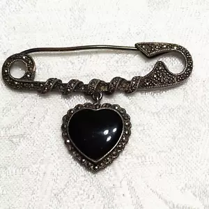 925 Sterling Silver Vintage Black Onyx Marcasite Brooch Safety Pin Heart 9.45g - Picture 1 of 13