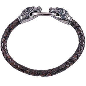 Wikinger Armreif Drachenkopf Zinn Leder Braun Gr.S Lederarmband  Drachenarmband - Bild 1 von 8
