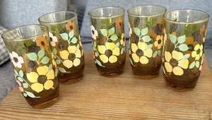 Anchor Hocking Triguba Glasses Glassware Retro Flower Mod Floral Vintage 5 Amber - Picture 1 of 9