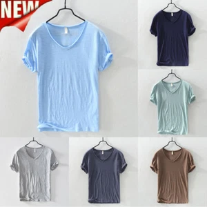 Mens Slim Plain Basic T Shirts Muscle Tops Gym V Neck Short Sleeve Cotton Tee ⁿ - Picture 1 of 25