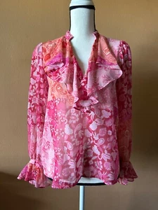 NWT ZARA Pink Floral Paisley Sheer Ruffle Blouse Shirt Top Size XS - Picture 1 of 6