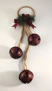 Rustic Jingle Bell Christmas Door Hanger With Pinecones & Plaid Ribbon - Picture 1 of 7