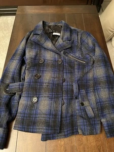 JouJou Blue and Gray Plaid Wool Blend Coat Jacket Matched Belt Double Breasted L - Picture 1 of 6