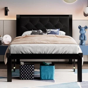 Twin Size Metal Bed Frame with Faux Leather Button Tufted Headboard, Heavy-Du... - Picture 1 of 7