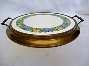 Jugendstil Wächtersbach ? Tortenplatte Messingstand gelbe + blaue Rosen - Picture 1 of 8