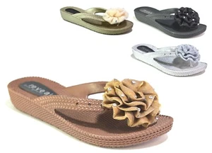 Schwarze Damen-Flip-Flops Damen-Slipper Blumenschmuck Sommer Strand UK-Größe 3–8 - Bild 1 von 24