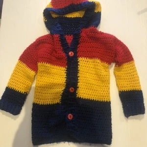 Crochet Handmade Hooded Jacket , Adelaide Crows AFL Colours Size 2-3. EUC. - Picture 1 of 6