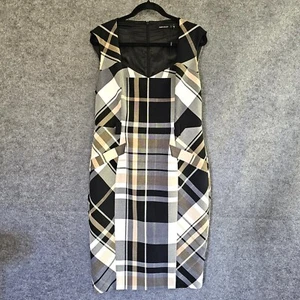 KAREN MILLEN Tartan Check Pencil Wiggle Dress UK 16 Plaid Stretch Black White - Picture 1 of 9
