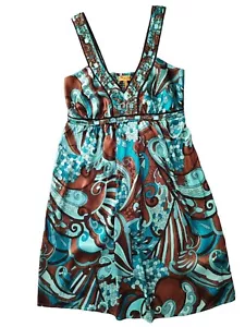 Bliss-i-titude Mini Dress Womens M Blue Empire Waist Embellished Smocked Gown - Picture 1 of 9