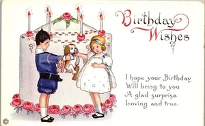 Vintage Birthday Little Boy giving Little Girl a Puppy Dog as Gift Big Cake  - Picture 1 of 3