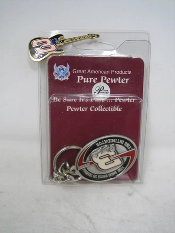 Vintage NASCAR Dale Earnhardt #3 Pure Pewter Keychain Racing USA 2000 + Pin vtg Cover