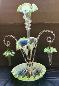 Exquisite Antique Victorian Opalescent White & Green 8 Pcs Art Glass Epergne Exc - Picture 1 of 14
