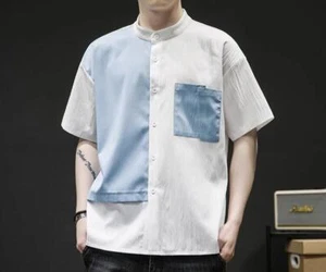 Men's Fashion Summer Stand Collar Short Sleeve Casual Loose Color Matching Shirt - Picture 1 of 21