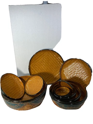 Vintage Vietnamese 5 Set Covered Nesting Baskets in Wicker & Lacquer -12” to 4” Cover