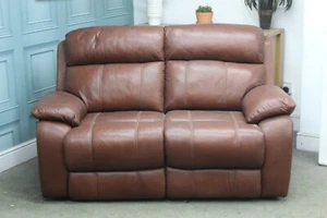 EX FURNITURE VILLAGE MORENO STATIC 2 SEATER SOFA IN BROWN/TAN LEATHER - Picture 1 of 11