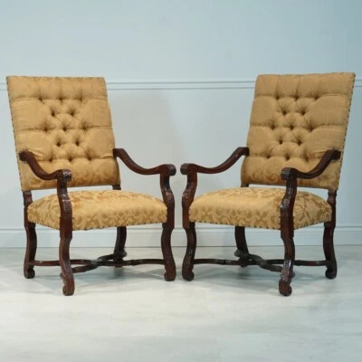 Pair of Mahogany Louis XIII Carved Arm Chairs gold damask fabric - Image 1 of 4