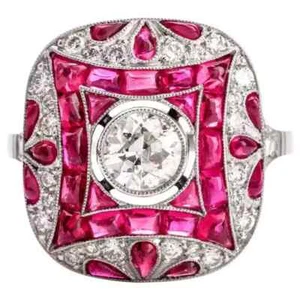 Art Deco Style Lab-Created Diamond Pink Ruby Ring Wedding Gift 14K White Gold FN - Picture 1 of 11