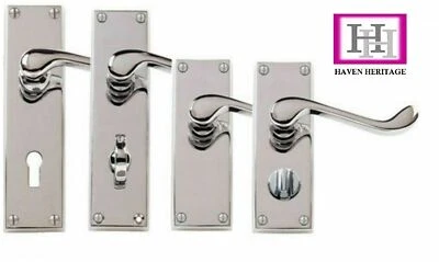DOOR HANDLE SETS VICTORIAN CHROME HANDLES LATCH LOCK BATHROOM PRIVACY SCROLL - Image 1 of 4