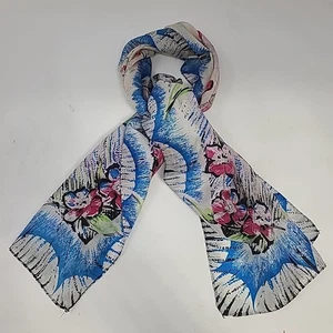Vintage Scarf 17x42in Pink Floral Blue Green Leaves Black Accents Lightweight - Picture 1 of 5