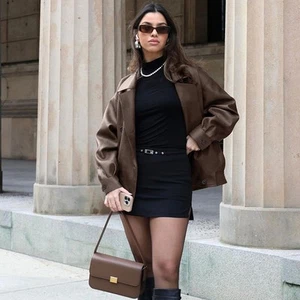 Ladies's Brown Casual Leather Jacket Elegant Collar Loose Coat - Picture 1 of 5