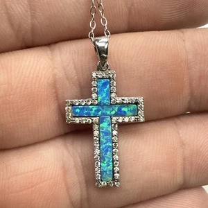 INLAY BLUE OPAL CROSS PENDANT SOLID 925 STERLING SILVER W/ 18” Chain - 2.5g - Picture 1 of 6