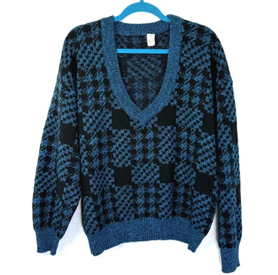 Suéter italiano de colección mezcla de lana para mujer talla L azul a cuadros cuello en V suéter años 80 Foto 1 de 4