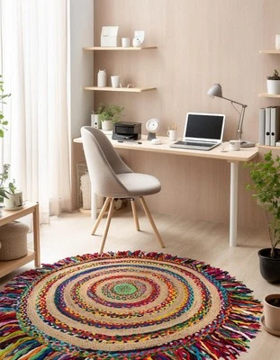 Round Rug Jute & Cotton Handmade Area Carpet  Living Dinning Room Floor Rug - Image 1 of 4