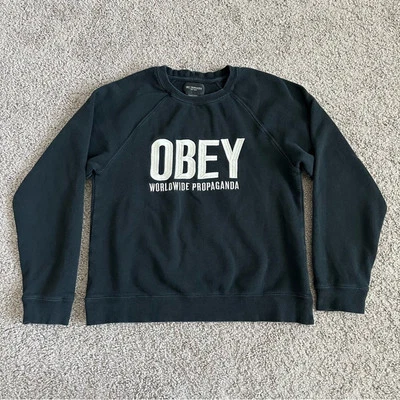 Obey Worldwide Propaganda 卫衣 S 码刺绣黑色 Crew — 第 1/4 张图片