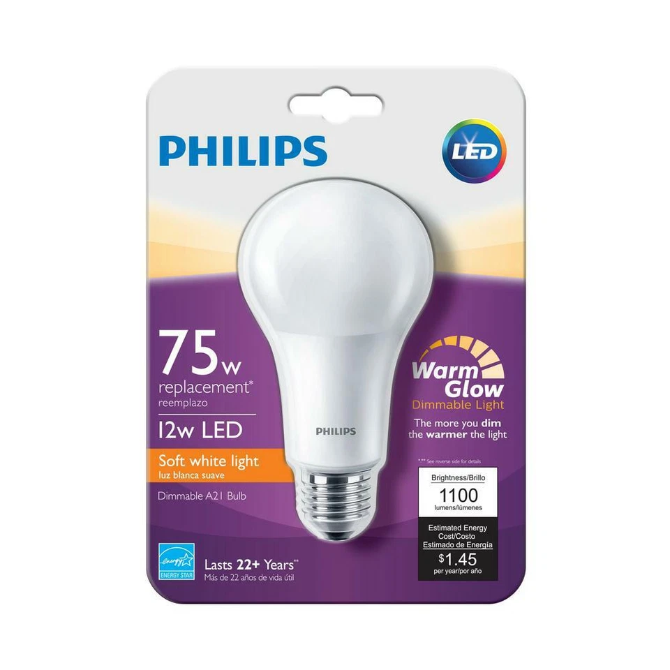 (2) Philips 75w Equivalent Frosted A21 Dimmable WarmGlow LED Light Bulb