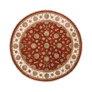 8'x8' Hot Ember Red Rajasthan Design Wool and Silk Hand Knotted Round Rug R75359 - Picture 1 of 11
