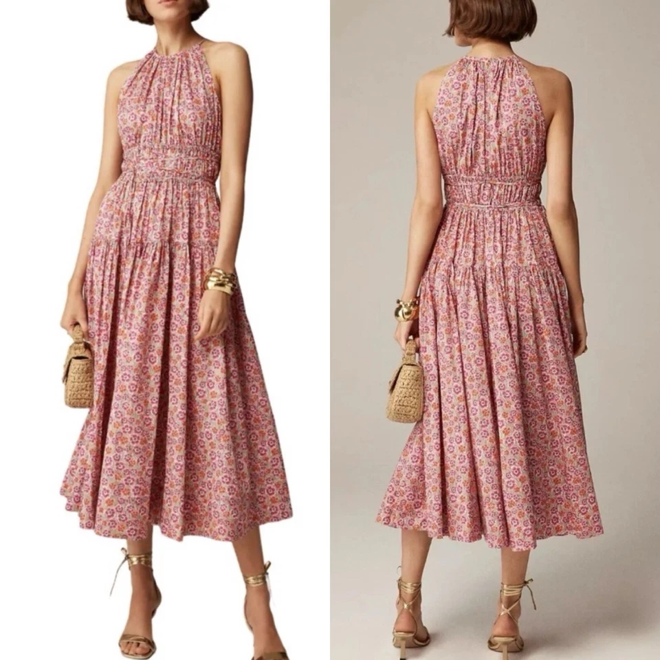 J.CREW Liberty Dress Women Large Tie-Waist Halter Ellie Pink Floral CA089
