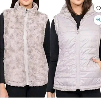 *NUEVO CON ETIQUETAS* Chaleco aislante acolchado reversible de piel sintética Nicole Miller para damas (marfil, L) Foto 1 de 3