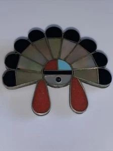 American Indian Zuni Turquoise Onyx & stone/coral Silver Sun Chief Headdress Pin - Picture 1 of 5