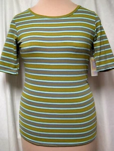 New w.Tags LuLaRoe Striped Blue Green Gold Knit Tee T-Shirt Top-S-Poly/Spandex - Picture 1 of 11
