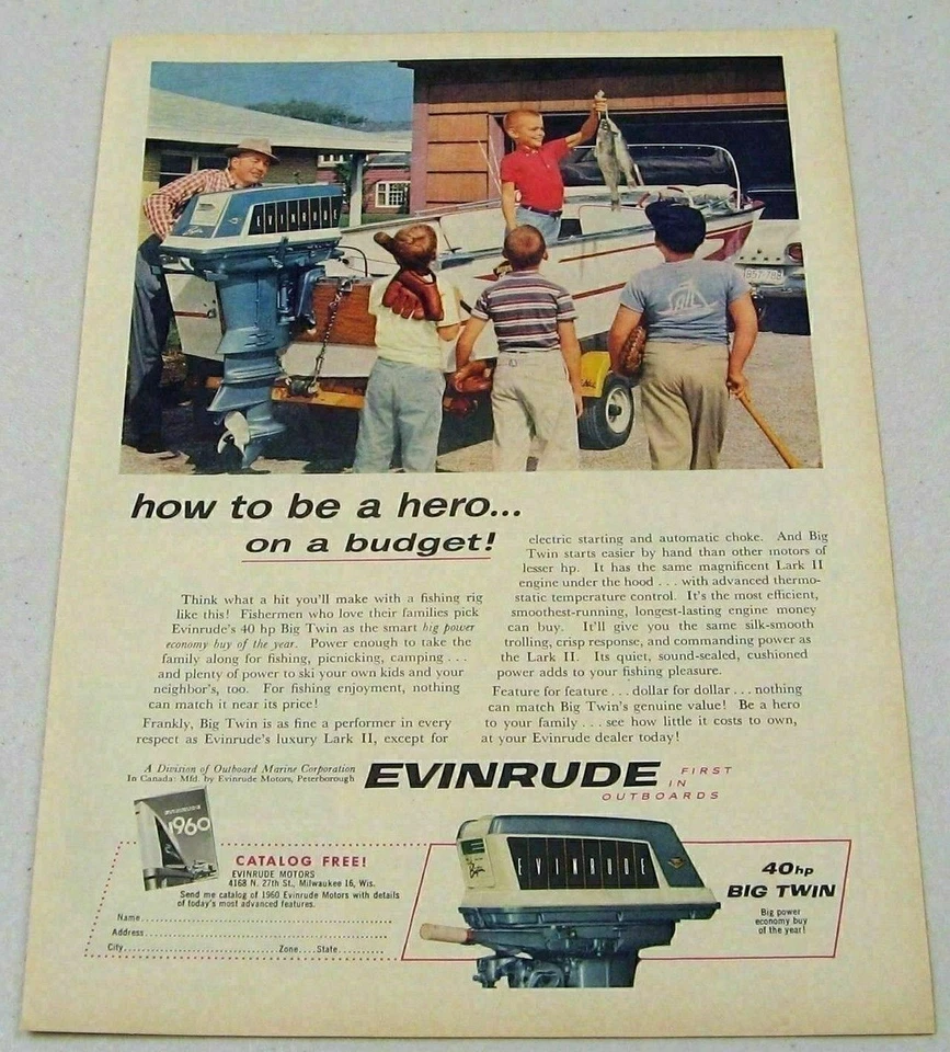 Anuncio impreso 1960 Evinrude 40 HP Big Twin motores fueraborda papá, niños, peces, barco Foto 1 de 1