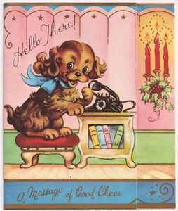 Vintage Weihnachtskarte schöne Hunde Telefon Kerzen England - Bild 1 von 3