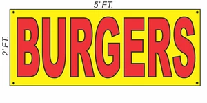 Giant BURGERS Banner Sign 2x5 Yellow & Red Bright High Visibility!  - Picture 1 of 2