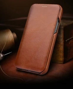 ICARER Curved Edge Vintage Genuine Leather Folio Case fo iPhone 13 12 11 Pro Max - Picture 1 of 15