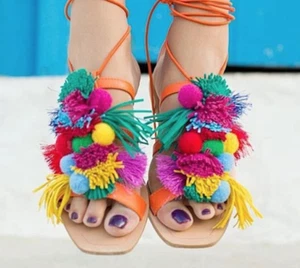ZARA LEATHER FLAT SANDALS SHOES WITH STRAPS TASSEL & FRINGE UK 5 EUR 38 - Picture 1 of 9