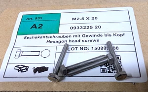 500 Sechskantschrauben 2,5x20mm DIN 933 A2 Edelstahl VA Sechskant - Bild 1 von 1