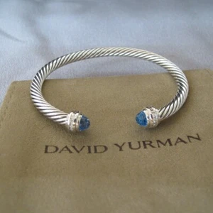Brazalete David Yurman Plata Esterlina Topacio Azul Diamantes 5mm Cable Clásico J1 - Imagen 1 de 6