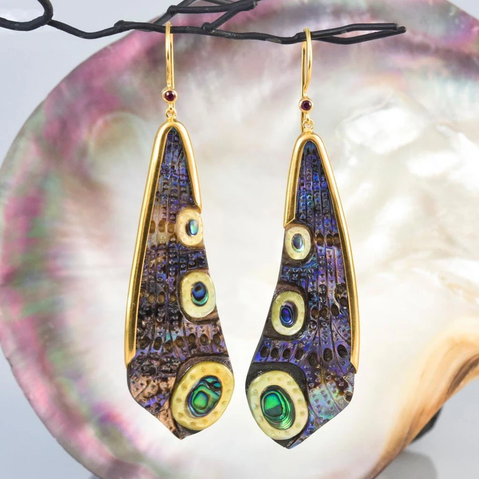 Pendientes Ala Libélula Abulón Talla Oro Vermeil Esterlina y Rubí 11.18 g Foto 1 de 4