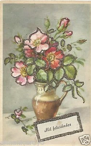 CARTOLINA AUGURI MIL FELICIDADES ARGENTINA SCRITTA LUNGO TESTO SPAGNOLO 1957 - Picture 1 of 1
