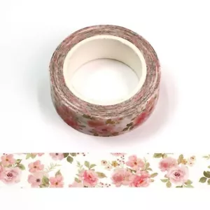 Washi Tape Floral Soft Pink Vintage Roses Flowers with Green Leaves 15mm x 10m - Picture 1 of 9
