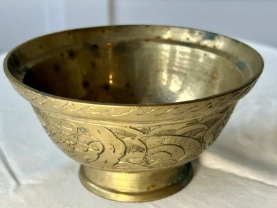 Censario chino de latón/bronce cuenco de ofrenda 5,5” de ancho x 3” de alto ~ dragones grabados Foto 1 de 4